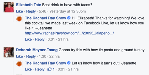 de rachel ray show facebook reactie antwoorden voorbeeld