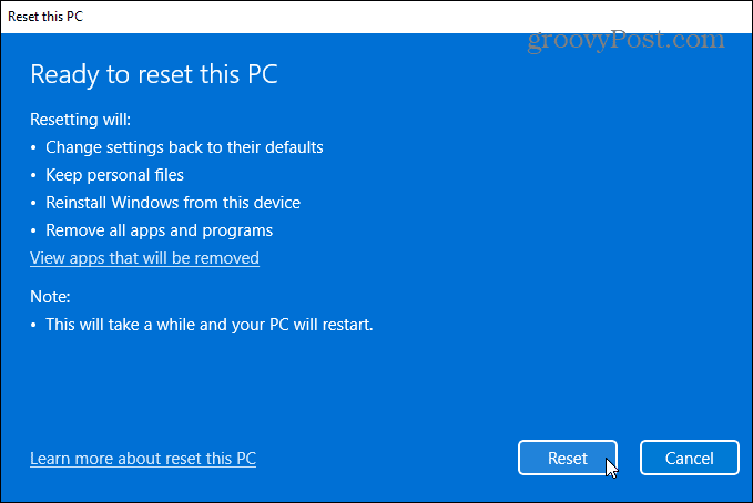 klaar om Windows 11 PC te resetten