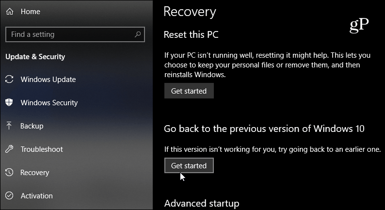 ga terug naar de vorige versie van Windows 10