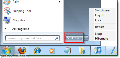 de aan / uit-knop van het startmenu van windows 7 met standaardeigenschappen als uitgeschakeld