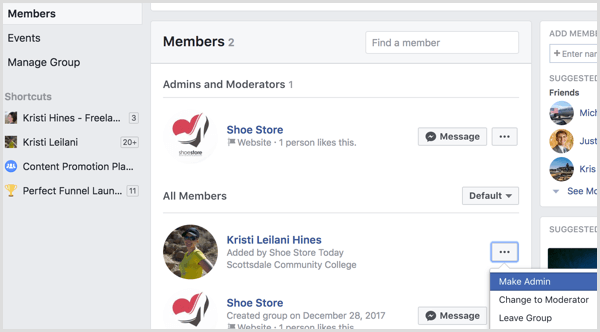 Facebook voegt profiel toe aan de groep als beheerder
