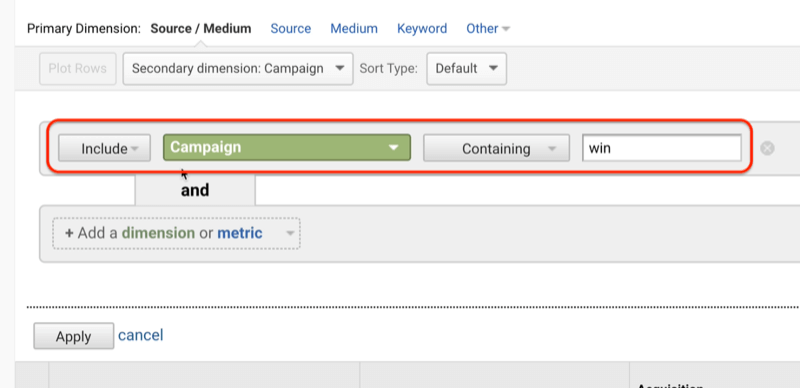 voorbeeld van een screenshot van Google Analytics met de toevoeging van 'include-campagne' gewonnen onder de secundaire dimensie