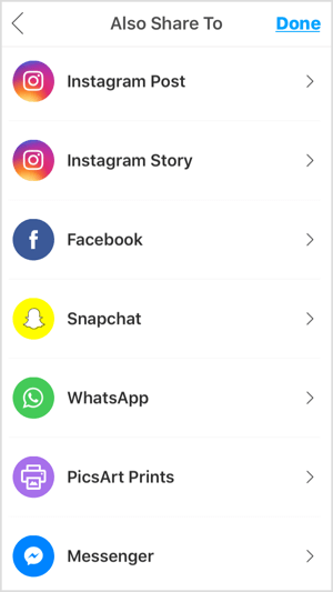 Met mobiele apps zoals PicsArt kun je je foto delen op Instagram, Facebook en andere platforms.