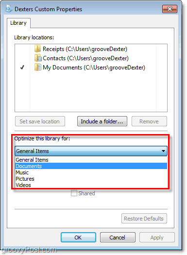 Pas nog meer eigenschappen van bibliotheken aan in Windows 7