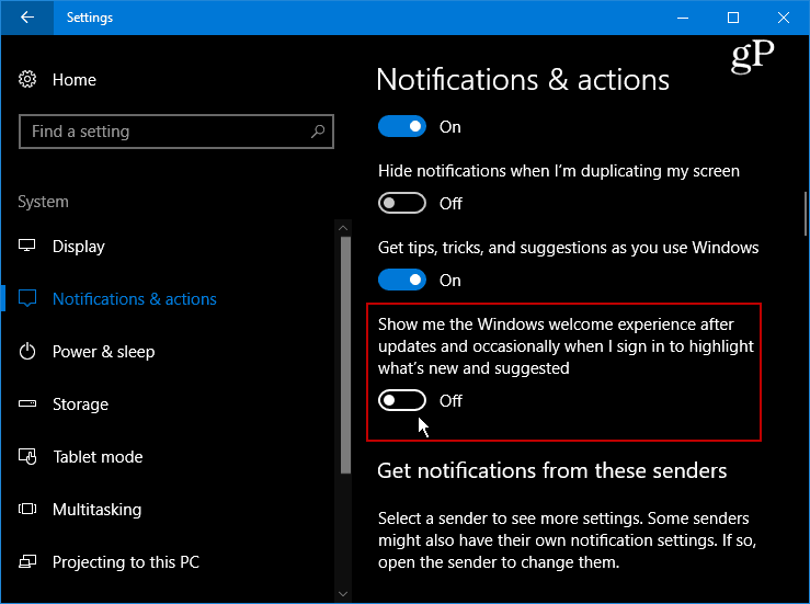 Verberg het vervelende welkomstscherm van Windows 10 na updates