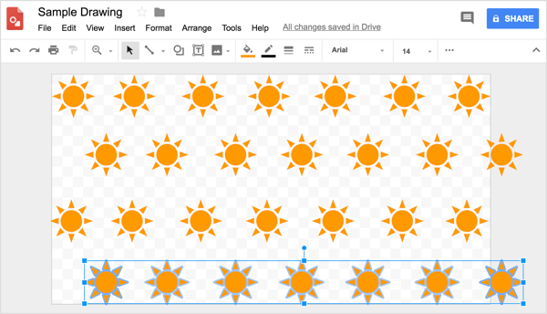 Gebruik het raster om u te helpen de rijen gelijkmatig in uw Google Tekeningen-ontwerp te positioneren.