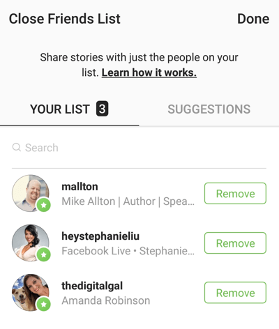 Optie om op Verwijderen te klikken om een ​​vriend te verwijderen uit je lijst met goede vrienden op Instagram.