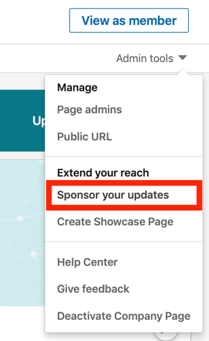 Hoe u een LinkedIn-tekstadvertentie maakt, stap 1, Sponsor uw updates onder Admin-tools