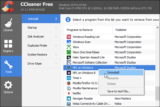 CCleaner Universele apps verwijderen