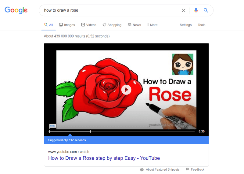 voorbeeld van de beste youtube-video in de zoekresultaten van Google voor 'hoe een roos te tekenen'