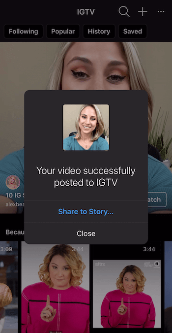 prompt om IGTV-video te delen met Instagramverhalen