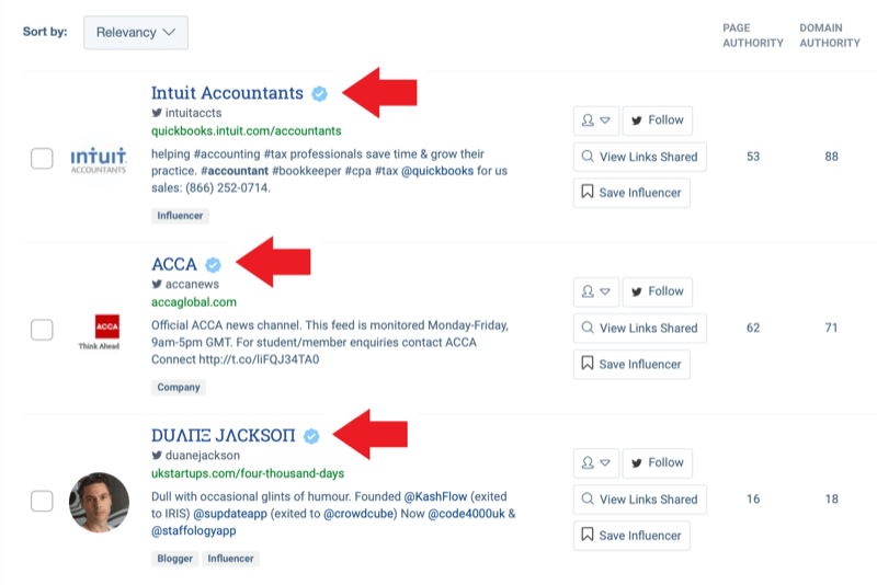 Marketingstrategie voor sociale media; Screenshot van zoekresultaten van de influencer-identificatietool van BuzzSumo na het invoeren van het trefwoord 'accounting'.
