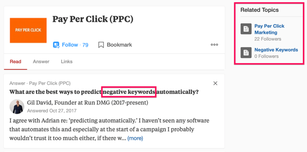 Voorbeeld van een Quora-zoekresultaat inclusief de zoekterm 'PPC' en de zin 'uitsluitingszoekwoorden'.