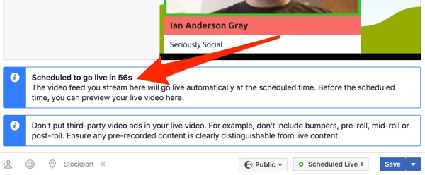 Facebook laat een aftelklok zien voordat je live uitzending begint.