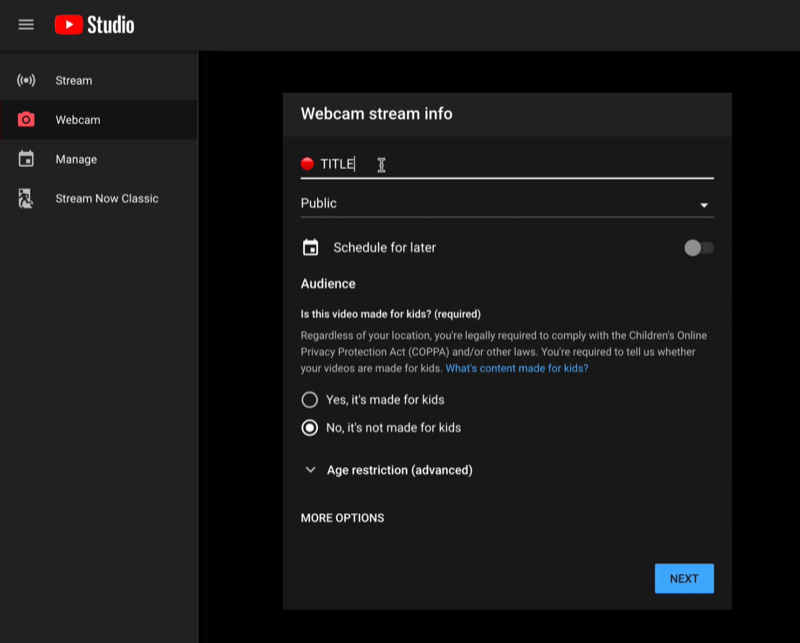 youtube studio go live menu live-streaming dashboard met de webcam stream info details klaar om te worden ingesteld