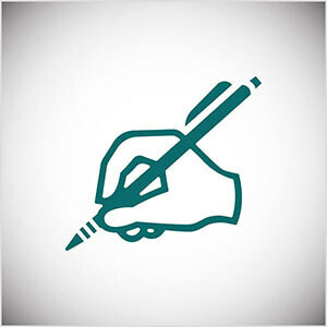 Dit is een blauwgroen lijnillustratie van een hand die met een potlood schrijft. Seth Godin oefent dagelijks met schrijven op zijn blog.