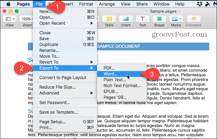 Bestand> Exporteren naar> Word in Pages op Mac