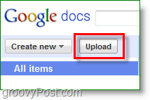 Screenshot van Google Documenten - uploadknop