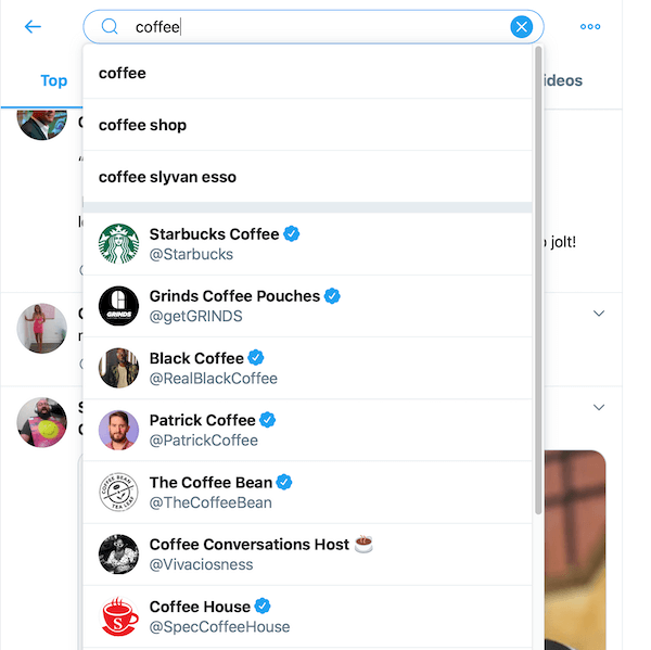 voorbeeld van zoekresultaten van het zoeken naar koffie in het Twitter-zoekvak