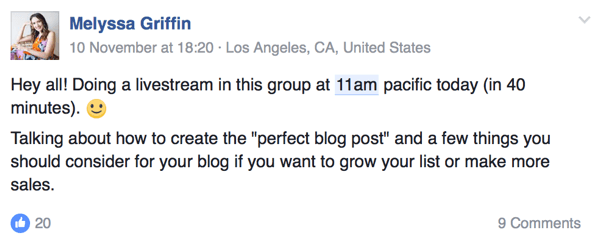 Ondernemer Melyssa Griffin laat haar publiek weten wanneer ze live op Facebook zal zijn.