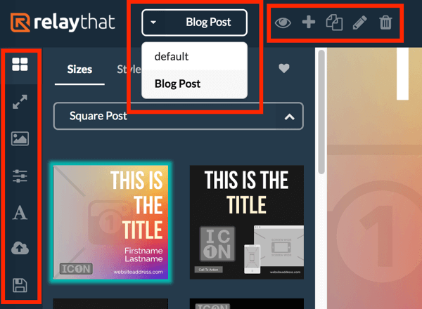Gebruik het linkermenu om verschillende lay-outs voor uw RelayThat-project te bekijken en gebruik het bovenste menu om uw project te selecteren.