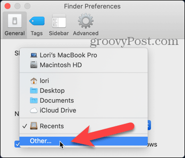 Selecteer Overige in de vervolgkeuzelijst Openen van nieuwe Finder-vensters