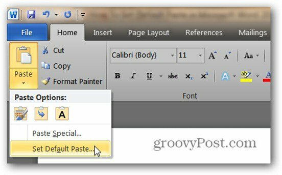 Standaard plakken instellen in Microsoft Word 2010