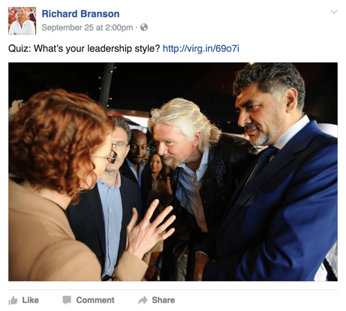 Richard Branson Facebook-bericht met quiz