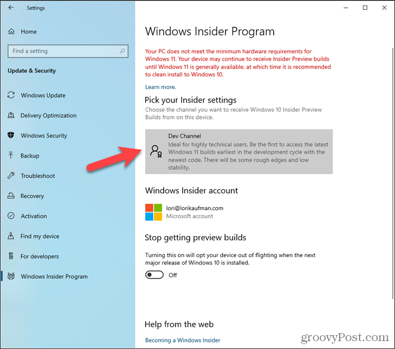 Dev-kanaal ingesteld in de instellingen van het Windows Insider-programma