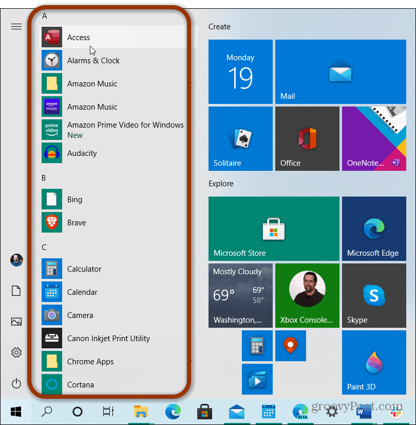 apps lijst startmenu vensters 10