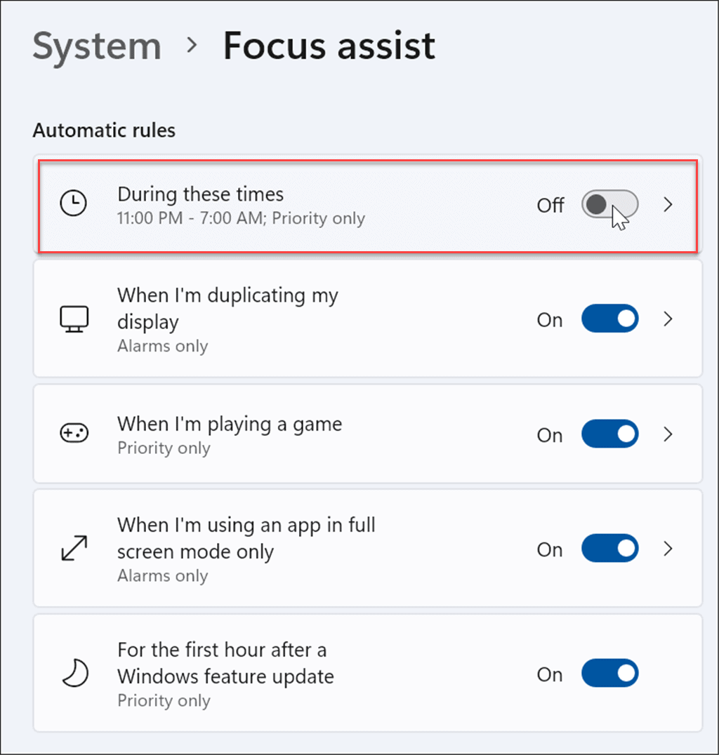 focus assist automatische regels