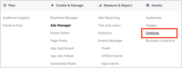 Klik op de koppeling Catalogi in de kolom Activa in Facebook Ads Manager.