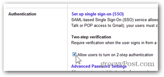 selectievakje kunnen gebruikers authenticatie in twee stappen inschakelen