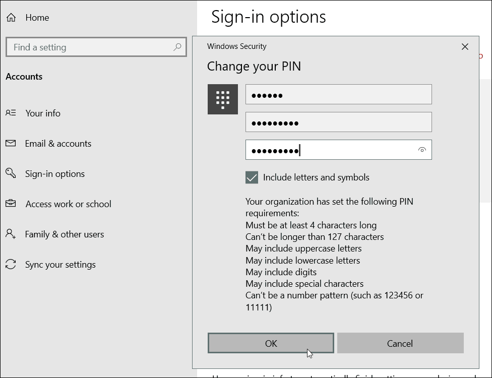 PIN-vereisten voor speciale tekens Windows 10