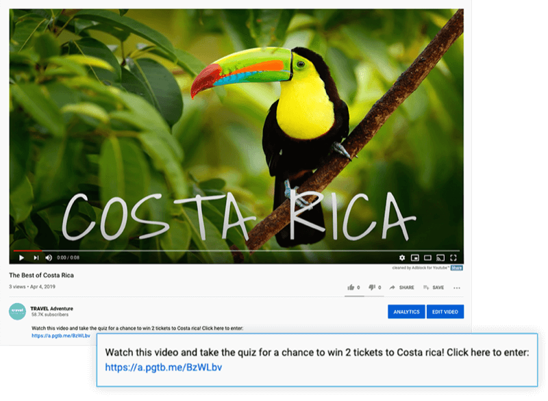 gemarkeerde youtube-videobeschrijving met een aanbieding om de video te bekijken en de quiz te doen om kans te maken op 2 tickets voor Costa Rica