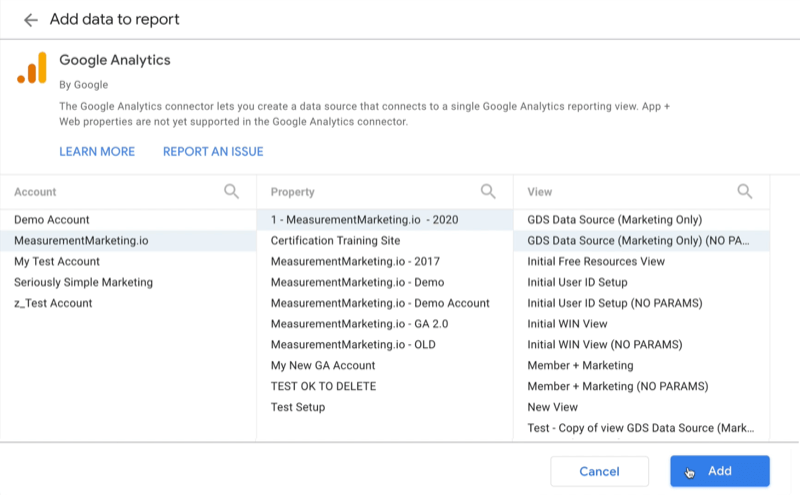 voorbeeld maak google data studio leeg rapport voeg gegevens toe om te rapporteren google analytics connector menu-optie om te selecteren van welk Google-account u gegevens wilt ontvangen