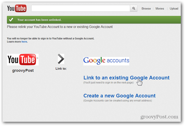 Koppel een YouTube-account aan een nieuw Google-account - Klik op Link naar bestaand account