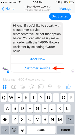 1-800-Flowers biedt klanten de mogelijkheid om verbinding te maken met een live agent, die persoonlijke hulp kan bieden.