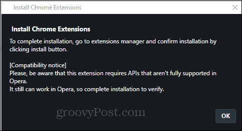 Opera Installeer Chrome-extensie installeren bevestigen