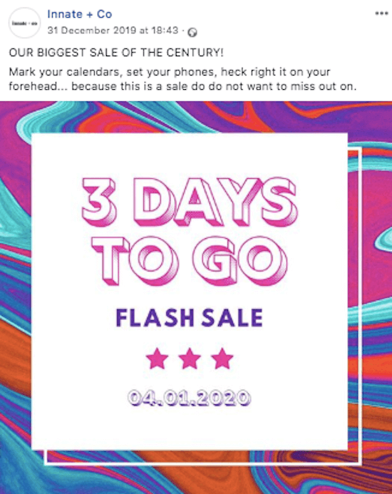 voorbeeld van een aftellende post op Facebook voor flash-verkoop