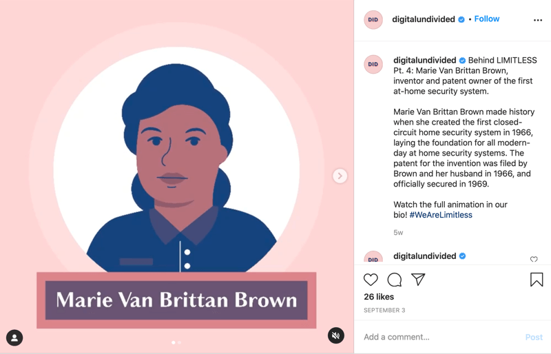 voorbeeld van een fragment mp4-bericht gedeeld op Instagram met de nadruk op marie van brittan brown als pt. 4 in de serie #wearelimitless