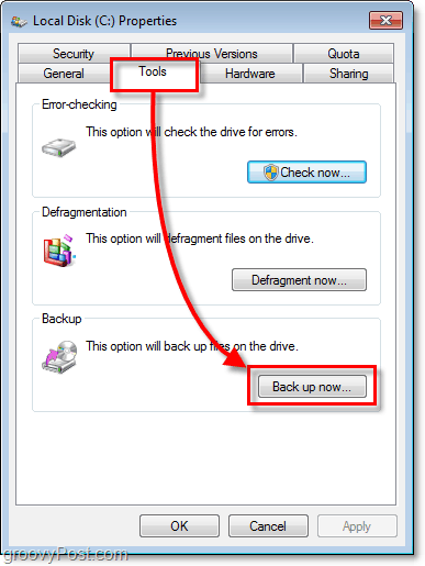 Windows 7 Back-up - tabblad Extra op eigenschappen en knop Nu back-up maken