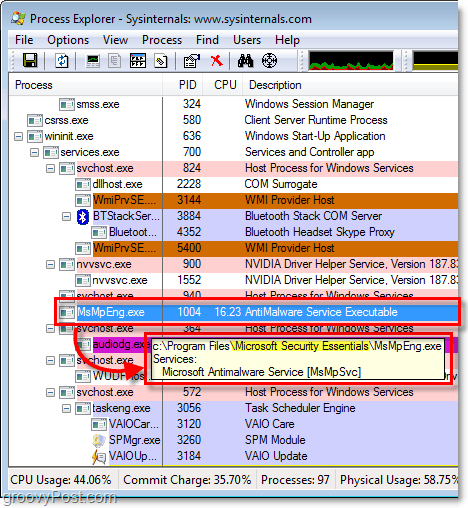msmpeng.exe in Windows 7 procesverkenner