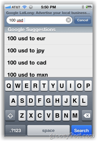 Valuta-omzetter van Google.com op iPhone Mobile
