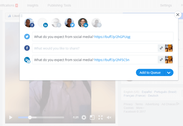 Tools zoals Buffer kunnen u helpen Facebook Live-video te delen op meerdere sociale mediaplatforms.