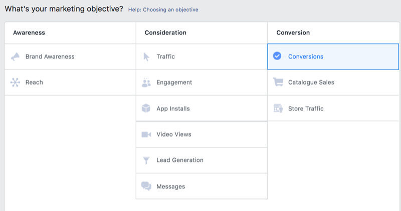 optie in Facebook Ads Manager om conversies als marketingdoel te selecteren