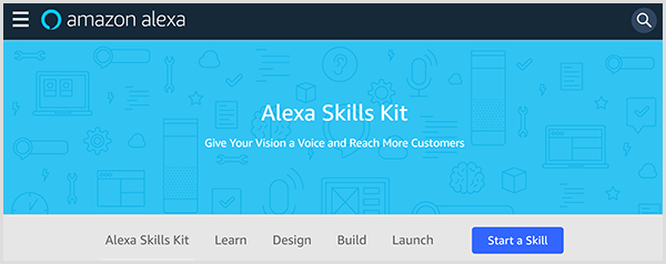 Amazon Alexa Skills Kit-webpagina introduceert de tool en bevat tabbladen waar je een vaardigheid voor Alexa kunt leren, ontwerpen, bouwen en starten. 