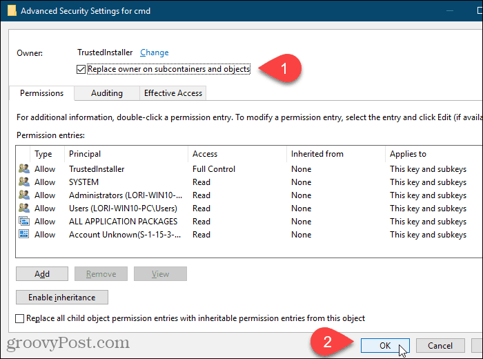 Vink het vakje Eigenaar vervangen op subcontainers en objecten aan in het dialoogvenster Geavanceerde beveiligingsinstellingen in de Windows Register-editor
