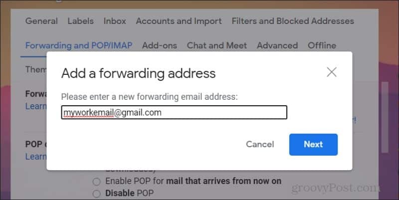 schermafbeelding van het toevoegen van doorstuur-e-mail