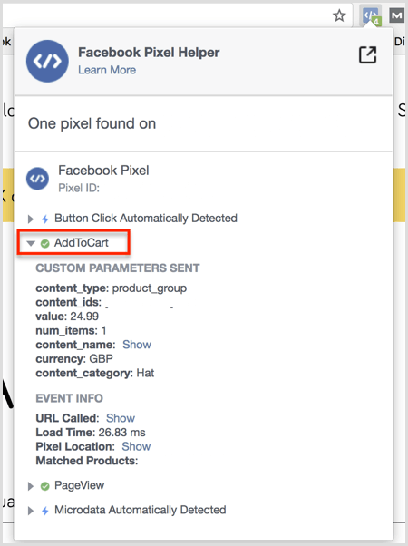 Resultaten van de Facebook Pixel Helper-plug-in op de pagina Toevoegen aan winkelwagentje